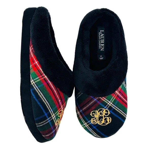 Ralph Lauren Plaid Logo Embroidered Monogram Faux Fur Slippers Womens Sz Medium - Picture 1 of 8